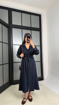 Lacivert Beli Lastikli Kuşaklı Tencel Elbise GAUS-01286GAUSELBİSEGAUS-01286