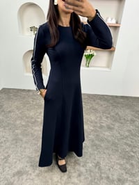 Asri Lacivert Bisiklet Yaka Çizgili Maxi ElbiseGausELBİSEGU00903599