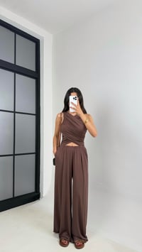 Kahve Oys Muadil Dekolteli Beli Lastikli Cepli Modal Kumaş Tulum Gaus00648GausTULUMGU1002506