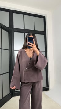 Kahve Düğme Detaylı Kimono Pantolon MD Muadil Tencel Takım GAUS-01451GAUSTAKIMGAUS-01451