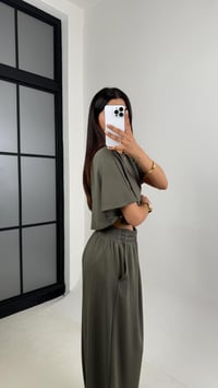 Haki Crop Beli Lastikli Palazzo Eşofman İkili Modal Kumaş Takım GAUS-01219GAUSTAKIMGAUS-01219