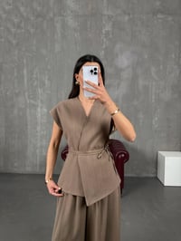 Kely Vizon Astarlı Kuşaklı Yelek Pantolon Keten Takım GausTAKIMGU100779