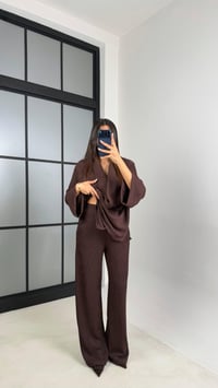 Kahve Yan Düğme Detaylı Kimono Beli Lastikli Pantolon Fitilli Kumaş Takım GAUS-00624GAUSTAKIMGAUS-00624