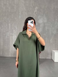 Yeşil V Polo Yaka Yandan Yırtmaçlı Keten Elbise Gaus00164GausELBİSEGU1001379