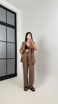 Kahve Önü Düğmeli Astarlı Yelek Beli Lastikli Pantolon Tencel Premium Takım Gaus00366GausTAKIMGU1001851