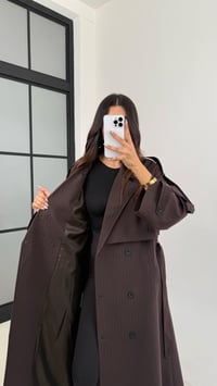 Kahve Mavi Çizgi Detaylı Kuşaklı Astarlı Premium Uzun Trençkot GAUS-00120GAUSTRENÇKOTGAUS-00120