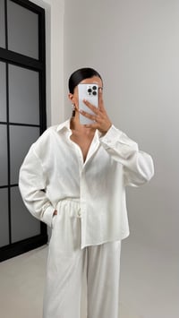 Beyaz Gömlek Beli Lastikli Katlama Detaylı MD Muadil Premium Keten Takım Gaus00591GausTAKIMGU1002381