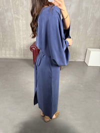Lacivert Yarasa Kol Kuşaklı Yırtmaçlı Tensel Elbise Gaus00225GausELBİSEGU1001520