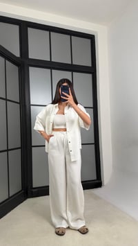 Beyaz Gömlek Beli Kuşaklı Pantolon İkili Tencel Denim Takım GAUS-01471GAUSTAKIMGAUS-01471