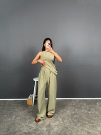 Cactos Haki Keten Asimetrik Kesim Sıfır Kol Bluz Pantolon İkili Takım  GausTAKIMGU008595