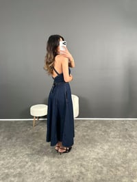 Laren Uzun Mavi Tasarım Bağlama Detay Denim ElbiseGausELBİSEGU004582