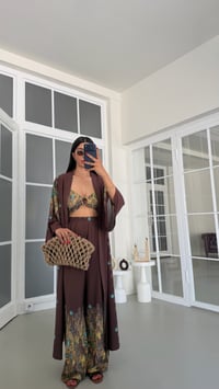 Kahve Kimono Crop Beli Lastikli Pantolon 3lü Desenli Premium Takım GAUS-01831GAUSSuitsGAUS-01831