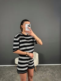 Siyah Çizgili Triko Şort Takım GausTAKIMGU004688