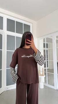 Kahve Kolu Şeritli Tshirt Beli Lastikli Pantolon İkili Modal Takım GAUS-02227GAUSTAKIMGAUS-02227