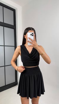 Siyah Degaje Yaka Beli Lastikli Crop Etek İthal Kumaş Takım Gaus00555GausTAKIMGU1002293