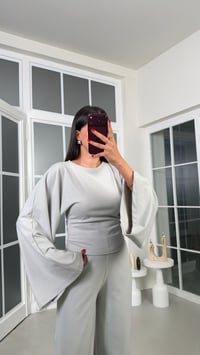 Gri Geniş Kol Bluz Beli Lastikli Pantolon İkili Kaşmir Dokulu Selanik Kumaş Takım GAUS-02293GAUSTAKIMGAUS-02293