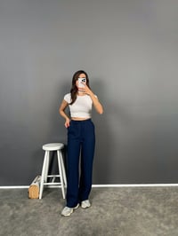 Flay Lacivert İthal Kumaş ZR Model Bel Bağlamalı Rahat PantolonGausPANTOLONGU008848