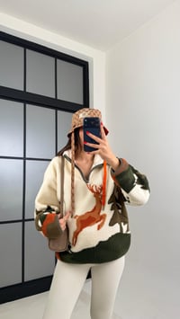 Ekru Fermuarlı Geyik Desenli Polar Sweatshirt GAUS-00723 GAUS-00944GAUSSweatshirtGAUS-00944