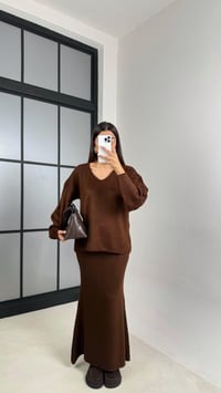 Kahve V Yaka Kazak Beli Lastikli Etek İkili Triko Takım GAUS-00528GAUSTAKIMGAUS-00528