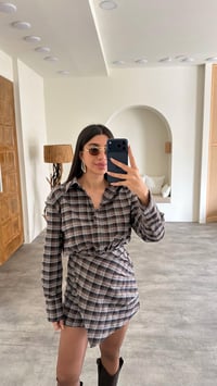 Kahve Düğmeli Ekose Desenlii Muadil Gömlek Elbise GAUS-00877GAUSDressesGAUS-00877