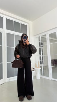 Kahve Deri Detaylı Kapüşonlu Hırka Beli Lastikli Pantolon İkili Premium Takım GAUS-02177GAUSSuitsGAUS-02177
