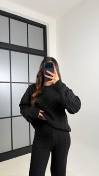 Siyah Saç Örgülü Kazak Beli Lastikli Pantolon Triko Takım GAUS-00592GAUSTAKIMGAUS-00592