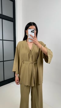 Haki Kuşaklı Kimono Beli Lastikli Cepli Pantolon Keten Takım Gaus00397GausTAKIMGU1001931