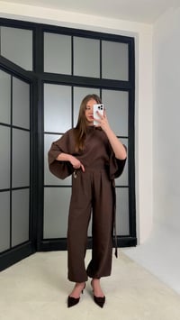 Kahve Gold Toka Detaylı Bluz Şalvar Pantolon İkli Tasarım Takım GAUS-01271GAUSTAKIMGAUS-01271