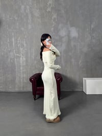 Ladin Krem Madonna Yaka Fitilli Yumuşak Triko ElbiseGausELBİSEGU10032