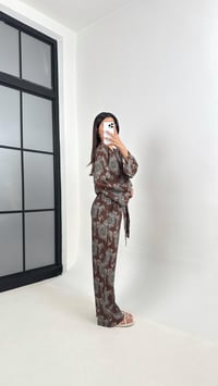 Kahve V Yaka Önü Düğmeli Üst Beli Lastikli Pantolon Etnik Desen Takım Gaus00362GausTAKIMGU1001838