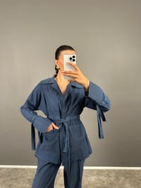 Arley Lacivert Kuşak Bağlamalı Cepli Üst Pantolon Eskitme Tensel Kimono TakımGausTAKIMGU008790