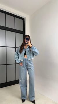 Mavi Crop Ceket Jean Taşlı ZR Model Denim Takım GAUS-00917GAUSTAKIMGAUS-00917
