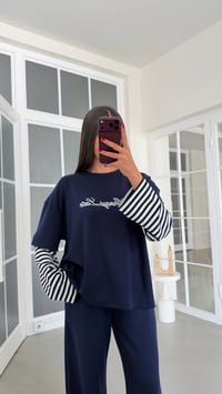 Lacivert Kolu Şeritli Tshirt Beli Lastikli Pantolon İkili Modal Takım GAUS-02227GAUSTAKIMGAUS-02227