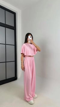 Pembe Crop Beli Lastikli Palazzo Eşofman İkili Modal Kumaş Takım GAUS-01219GAUSTAKIMGAUS-01219