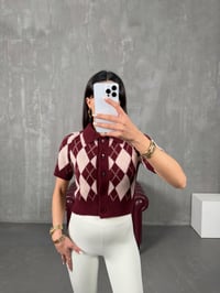 Bordo Baklava Desenli Yarım Kol Polo Yaka HırkaGausHIRKAGU100363