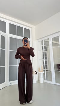 Kahve Vatkalı Beli Ayarlanabilir Bluz Beli Lastikli Pantolon İkili Takım GAUS-01872GAUSSuitsGAUS-01872