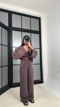 Kahve Düğme Detaylı Kimono Pantolon MD Muadil Tencel Takım GAUS-01451GAUSTAKIMGAUS-01451
