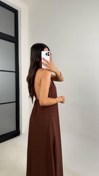 Kahve Boyundan Bağlamalı V Yaka Tencel Elbise GAUS-0014GAUSELBİSEGAUS-0014