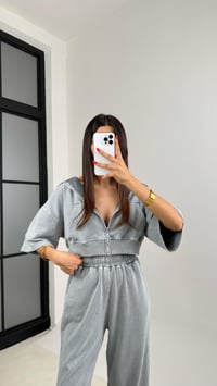 Gri Yıkama Desenli Kapüşonlu Crop Hırka Beli Lastikli Pantolon İkili Premium Takım GAUS-0063GAUSTAKIMGAUS-0063