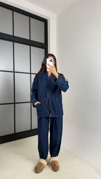 Lacivert Yandan Bağlama Detaylı Cepli Ceket Pantolon İkili Denim Takım GAUS-00446GAUSSuitsGAUS-00446