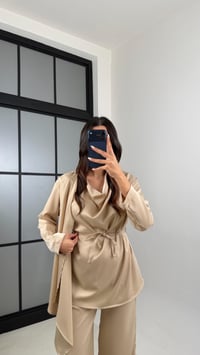 Bej Şal Detaylı Bluz Beli Lastikli Şalvar İkili Saten Takım GAUS-00606GAUSTAKIMGAUS-00606
