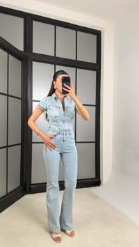 Açık Mavi İspanyol Paça Likralı Denim Tulum GAUS-01466GAUSTULUMGAUS-01466