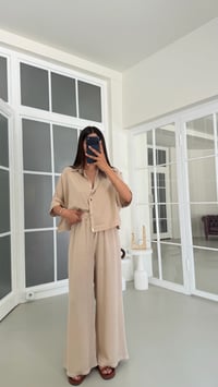 Taş Yarasa Kol Gömlek Beli Lastikli Pantolon Tencel Denim Takım GAUS-01785GAUSTAKIMGAUS-01785