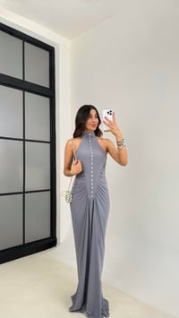 Gri Muadil Düğme Detaylı Halter Yaka Tasarım Elbise GAUS-0070GAUSELBİSEGAUS-0070