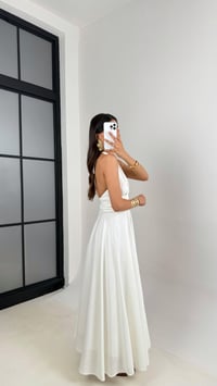 Beyaz Boyundan Bağlamalı Astarlı Keten Elbise Gaus00627GausELBİSEGU1002465