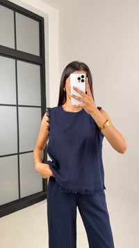 Lacivert Püskül Detaylı Bluz Beli Lastikli Cepli Pantolon Keten Takım Gaus00646 GausTAKIMGU1002503