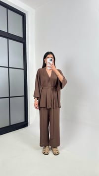 Kahve Kuşaklı Kimono Beli Lastikli Cepli Pantolon Keten Takım Gaus00397GausTAKIMGU1001929