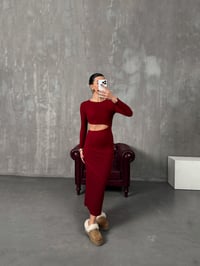 Loneva Bordo Belden Dekolteli Fitilli Yumuşak Triko ElbiseGausELBİSEGU00904392