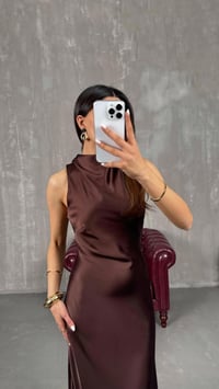 Kahve ZR Model Kemerli Saten Elbise GAUS-01259GAUSELBİSEGAUS-01259