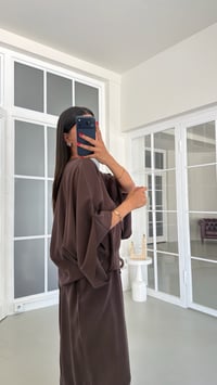 Kahve Yarasa Kol Bluz Beli Lastikli Şalvar Pantolon İkili Tencel Takım GAUS-01840GAUSSuitsGAUS-01840